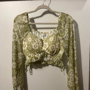 Madden Girl Green Cream Ruched Tie Front Crop Top